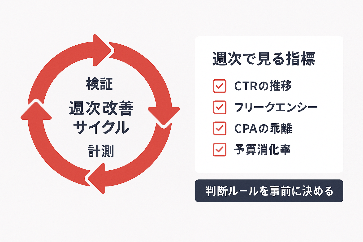 週次の改善サイクルと確認すべき4つの指標をまとめたインフォグラフィック