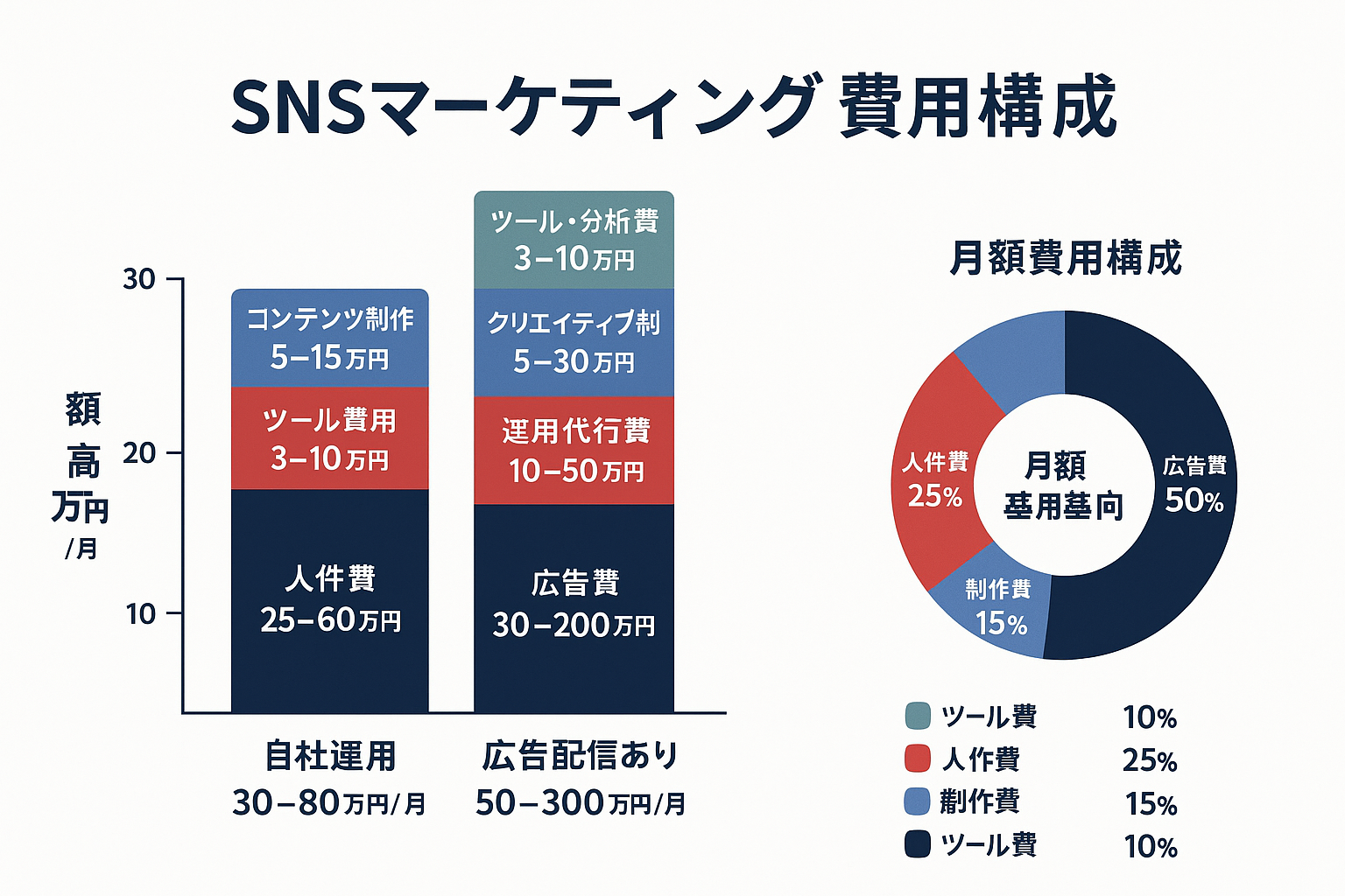 SNSマーケティングの月額費用構成を示すインフォグラフィック。自社運用(30〜80万円/月)と広告配信あり(50〜300万円/月)の2パターンの積み上げ棒グラフで人件費・広告費・制作費・ツール費用の内訳を比較し、右側のドーナツチャートで理想的な予算配分割合を表示している。