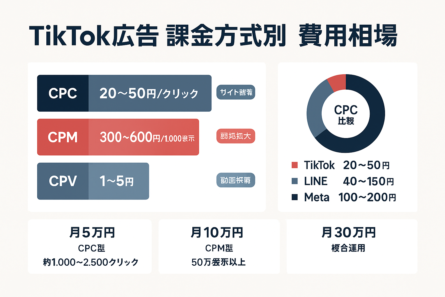 TikTok広告の課金方式別費用相場を示すインフォグラフィック。CPC（20〜50円）、CPM（300〜600円）、CPV（1〜5円）の3つの積み上げ棒グラフと、TikTok・LINE・Metaの CPC比較ドーナツチャート、月額予算別の運用プラン3パターンを表示