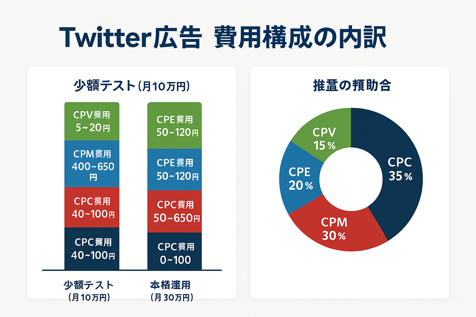 Twitter広告の費用構成内訳を示すインフォグラフィック。月10万円と月30万円の2パターンの積み上げ棒グラフでCPC・CPM・CPE・CPVの費用配分を色分け表示し、右側のドーナツチャートで推奨予算配分の割合を示している。