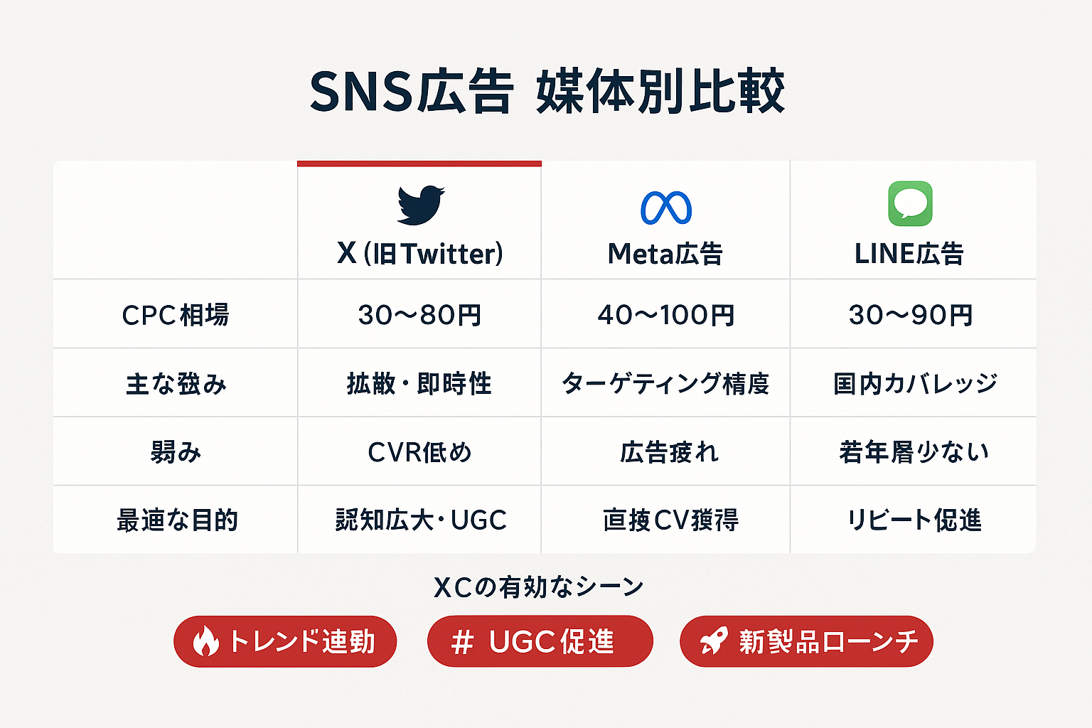 X広告・Meta広告・LINE広告のCPC相場、強み、弱み、最適な目的を比較した表形式の図。X広告が効果的な3つのシーンも表示