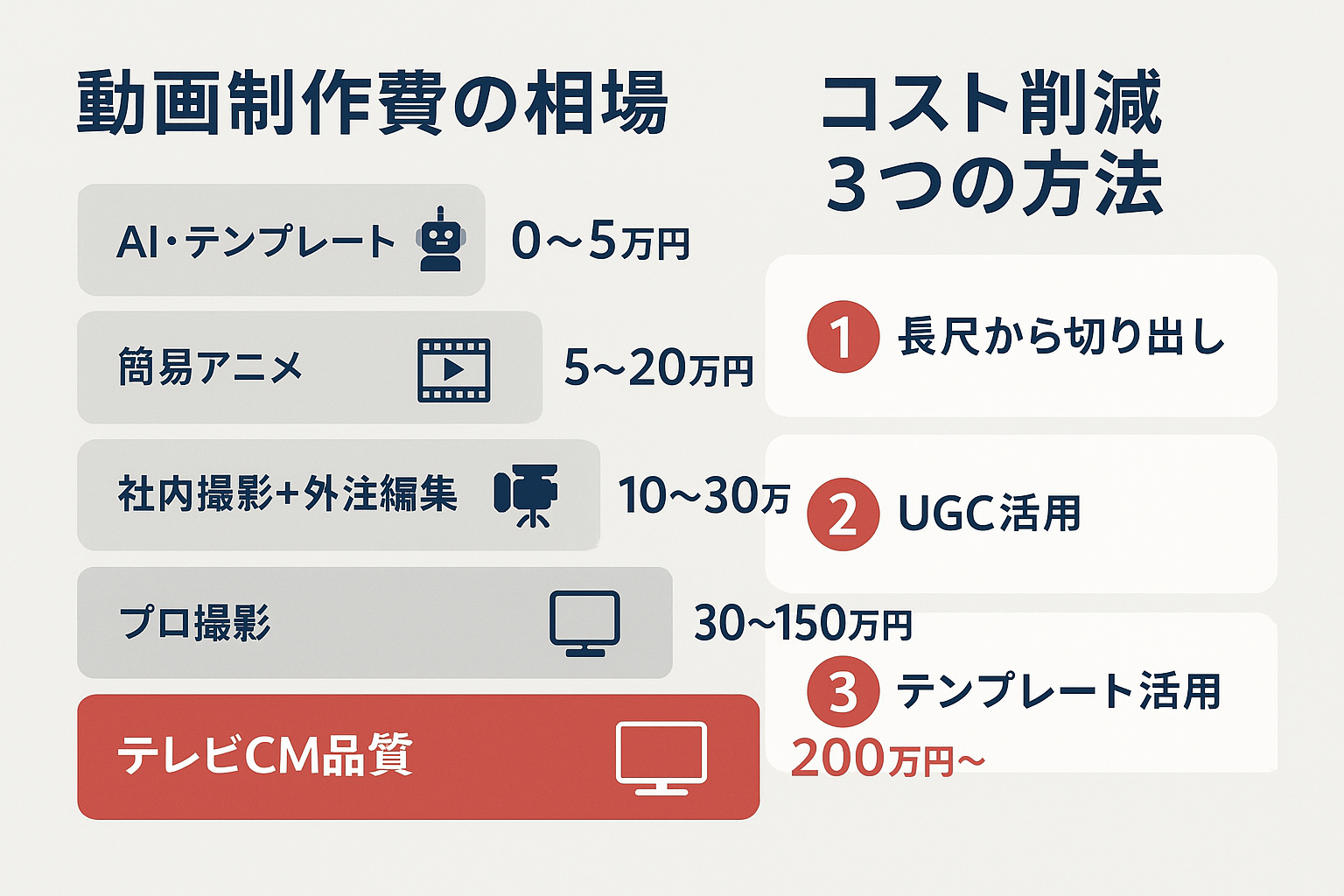 動画制作費の相場と費用削減方法を示すインフォグラフィック。左側にAI・テンプレート（0〜5万円）から テレビCM品質（200万円以上）まで5段階の制作費を横棒グラフで表示。右側にコスト削減の3つの方法として長尺からの切り出し、UGC活用、テンプレート活用を紹介。