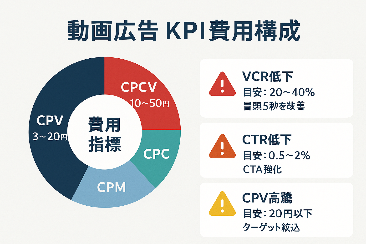 動画広告の費用対効果を高めるためのKPI費用構成図。左側にCPV・CPCV・CPC・CPMの4指標をドーナツチャートで表示し、右側にVCR低下・CTR低下・CPV高騰の3つの改善ポイントと目安数値をカード形式で解説。