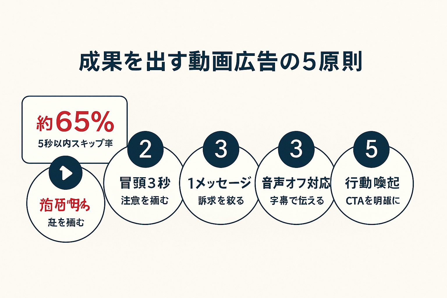 動画広告クリエイティブの5原則（冒頭3秒、1メッセージ、音声オフ対応、行動喚起、テスト改善）を番号付きで横並びに表示したステップガイドイラスト。5秒以内スキップ率約65%の統計も掲載。