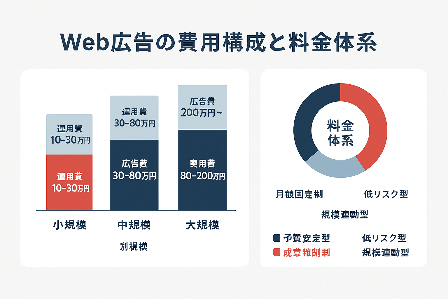 Web広告の費用構成を示すインフォグラフィック。左側に小規模・中規模・大規模の3つの規模別に広告費と運用費を積み上げ棒グラフで比較し、右側にドーナツチャートで月額固定制・成果報酬制・広告費連動制の3つの料金体系を表示。