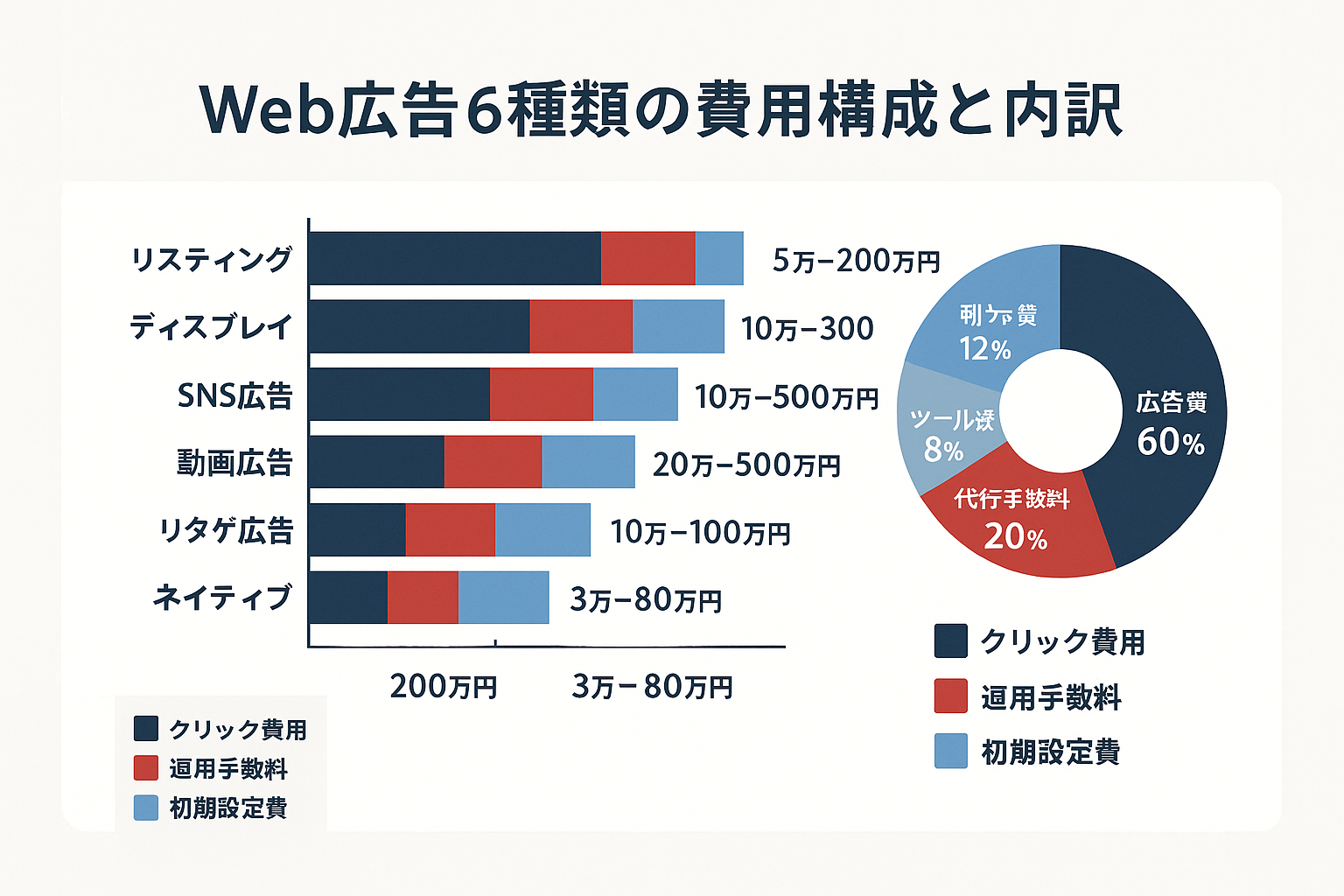 Web広告6種類（リスティング・ディスプレイ・SNS・動画・リターゲティング・ネイティブ）の費用構成を積み上げ棒グラフで比較し、クリック費用・運用手数料・初期設定費の内訳をドーナツチャートで示したインフォグラフィック