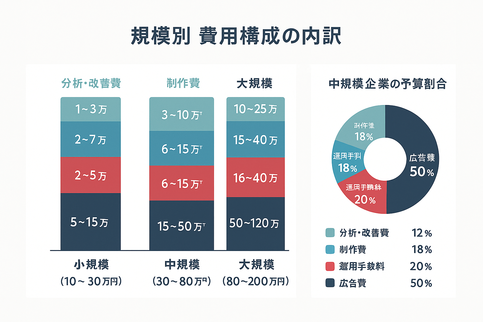 企業規模別（小規模・中規模・大規模）のWebマーケティング費用構成を示す積み上げ棒グラフと、中規模企業の予算配分比率を示すドーナツチャート。広告費・運用手数料・制作費・分析改善費の4要素を色分けし、各金額レンジを表示。