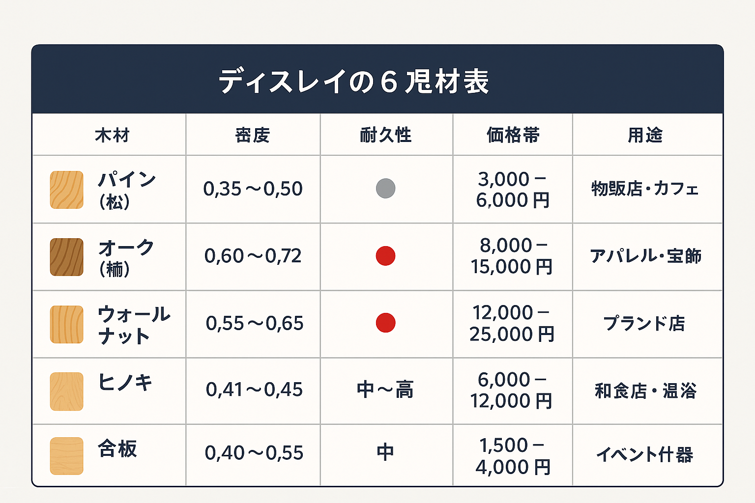 木ディスプレイに使われる主要5種類の木材（パイン・オーク・ウォールナット・ヒノキ・合板）の密度・耐久性・価格帯・用途を比較した一覧表